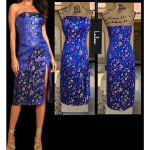 Lulus Make a Move Blue Floral Satin Jacquard Strapless Midi Dress Size L